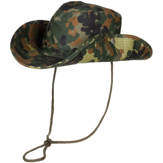 Buschhut, flecktarn,mit Kinnband, zum Hochstellen