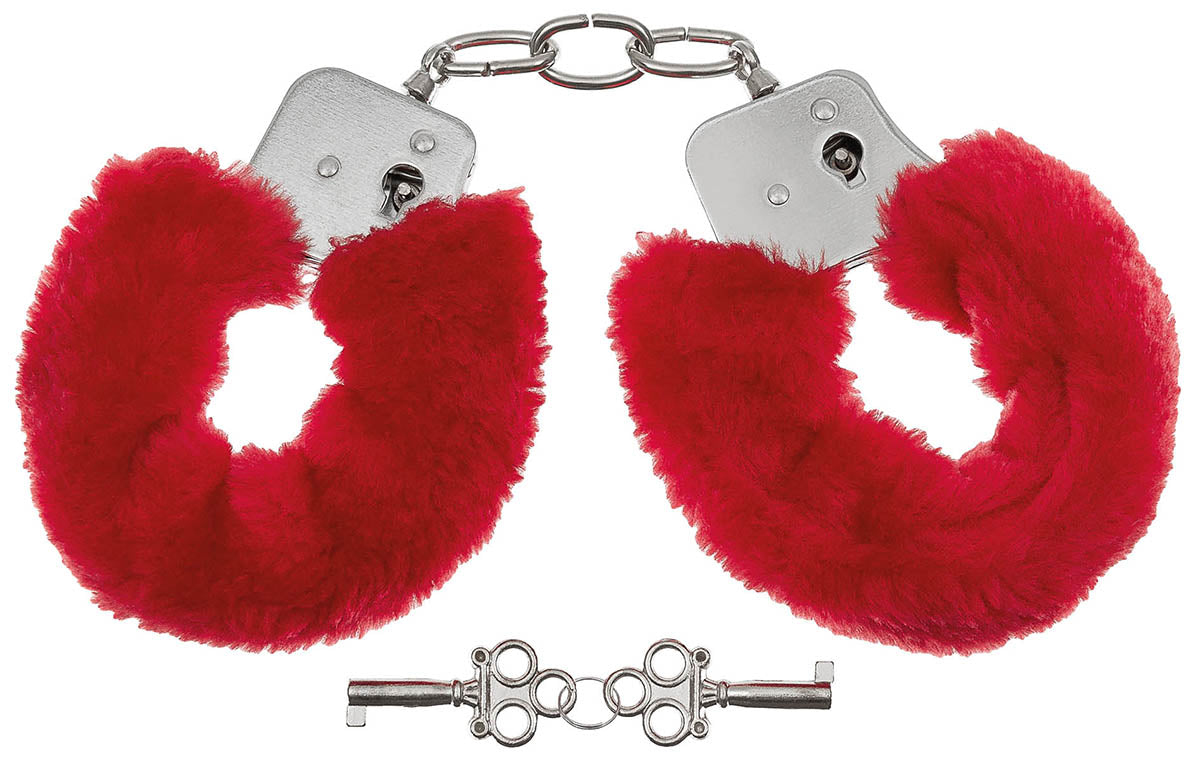 Handschellen, 2 Schlüssel,chrom, Fellüberzug in rot