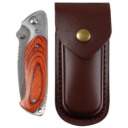 Damastmesser, klappbar,Holzgriff, Lederscheide