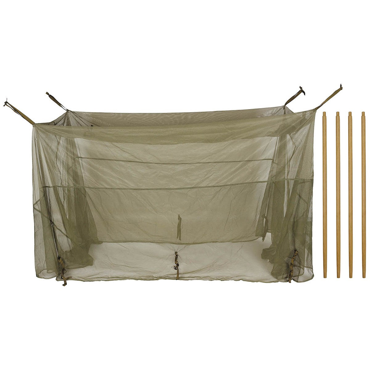 US Moskitonetz, für Feldbett,oliv, mit 4 Holzstangen, neuw.