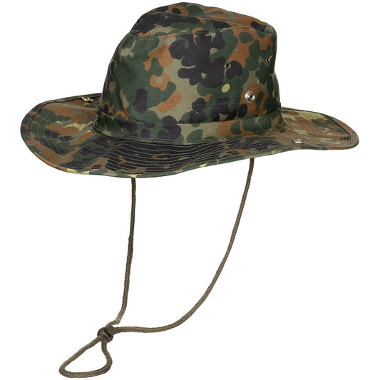 Buschhut, flecktarn,mit Kinnband, zum Hochstellen