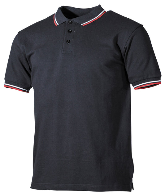 Poloshirt, schwarz, rot-weißeStreifen, mit Knopfleiste