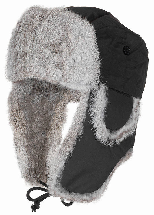 Fellmütze, schwarz, mit grauemEchtfell, Steppfütterung