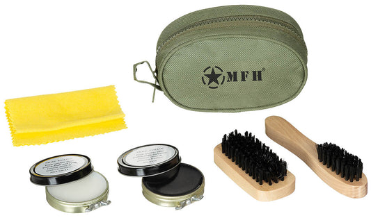 Schuhputzset, oliv,2 Bürsten, 2 Schuhcremedosen