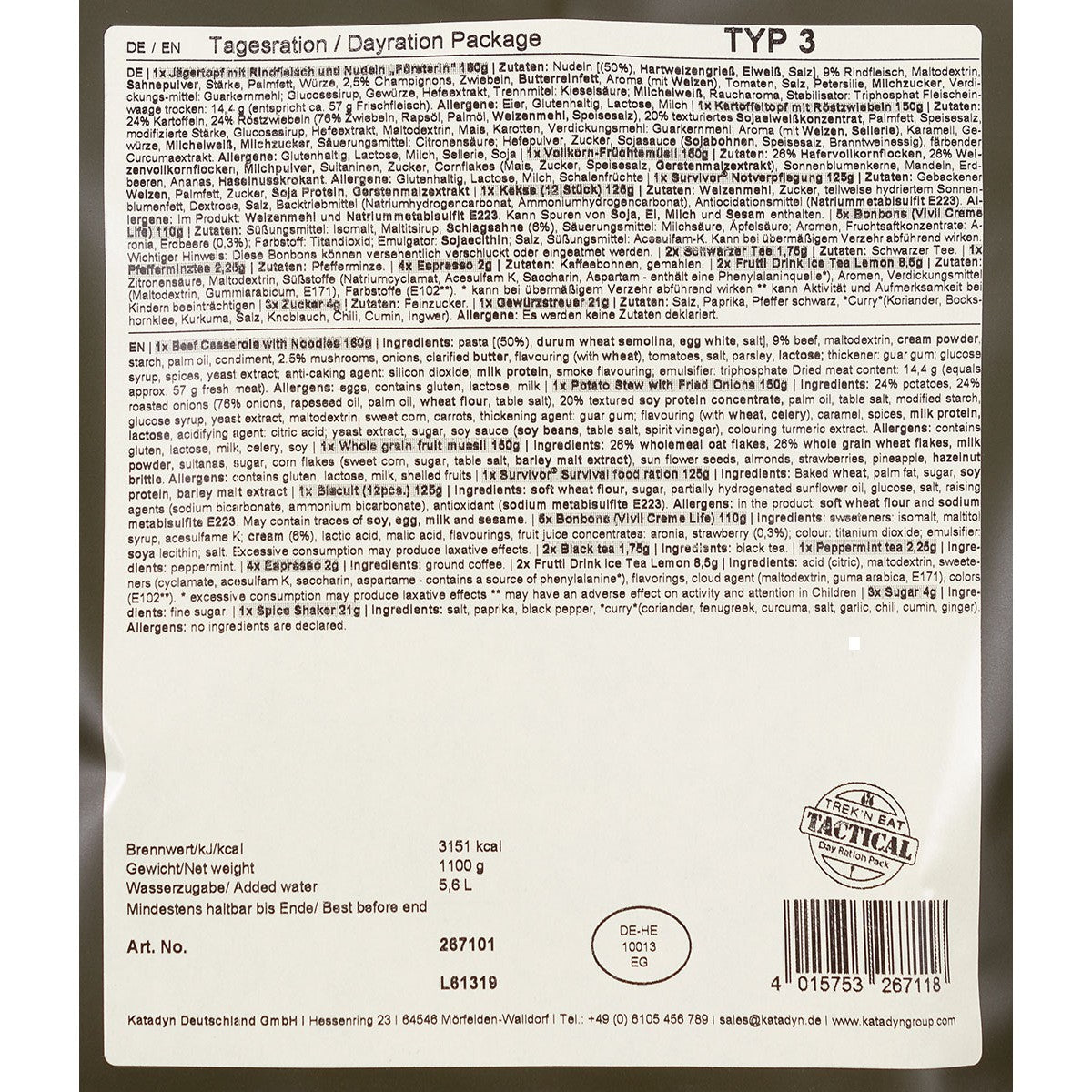 Trek 'n Eat, Tagesration,Typ III, 7% Mwst.