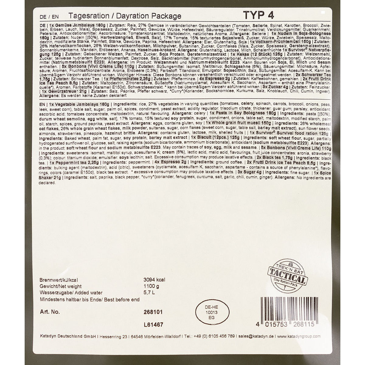 Trek 'n Eat, Tagesration,Typ IV,7% Mwst.