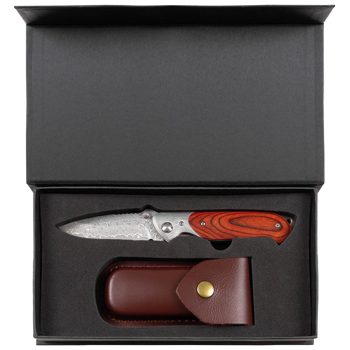 Damastmesser, klappbar,Holzgriff, Lederscheide